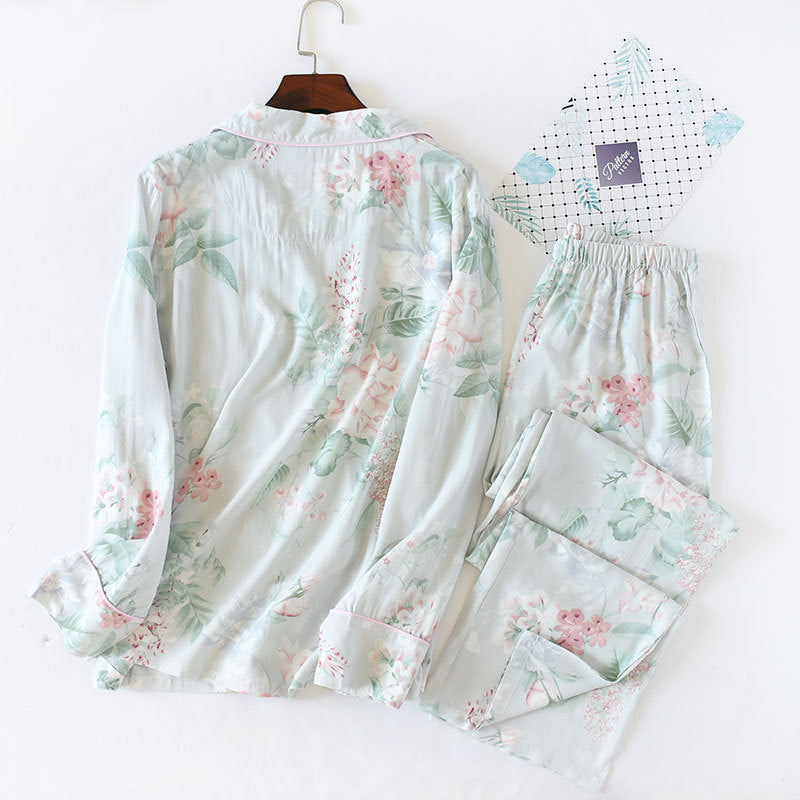 White Washed Soft Green White Washed Shabby Chic breathable, women's pajama set with long sleeve button down top, piping, loose fit trousers elastic waistband, women's pajamas, ladies pajamas, women's sleepwear, breathable pajamas