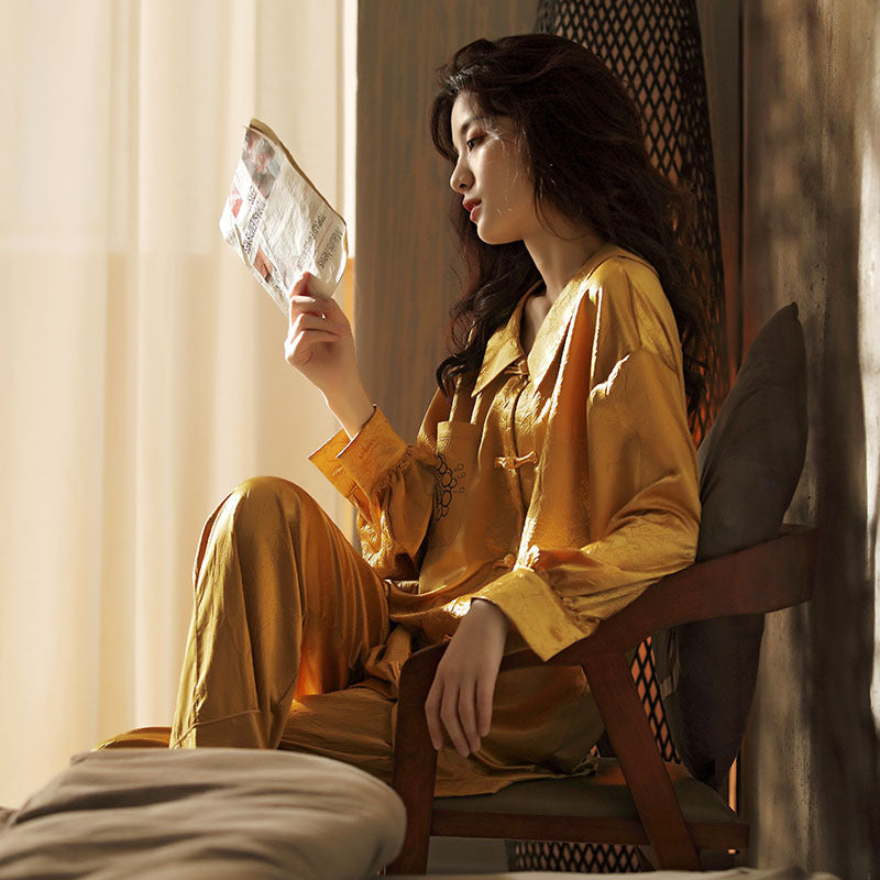 Golden, Gold, Asian Style, Women's, Pajamas, Long Sleeve, Button Down Top, Mid Length, Elastic Waist Loose Trousers, Many sizes, plus sizes available, Women's Pajamas, Ladies Pajamas, Sleepwear