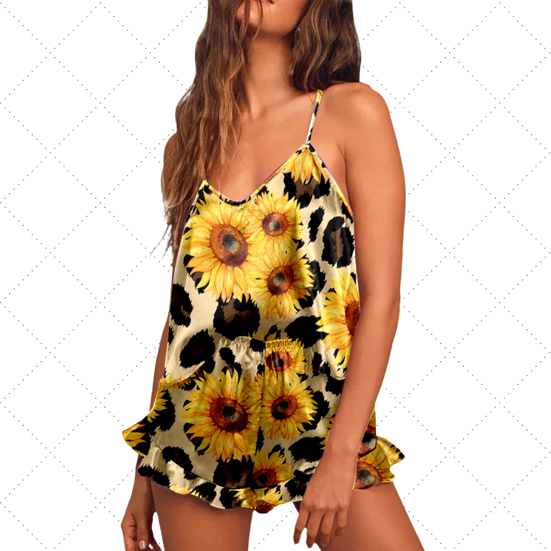 Sunflower Printed Camisole and Ruffled Short Pajama Set, Women's Pajamas, Ladies Pajamas, Sexy Shorts and Camisole, Sexy Lingerie, Sleepwear, Loungewear