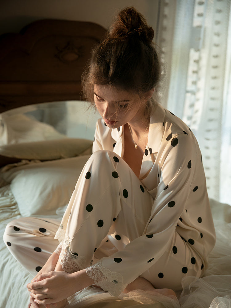 100% Silk, Off-White, Black Polka-Dot, Lace, Women's, Classic Style, Pajamas, Women's, ladies Pajamas, long trousers and button down top, Women's Pajamas, Women's Sleepwear, Ladies Pajamas, Women's Loungewear
