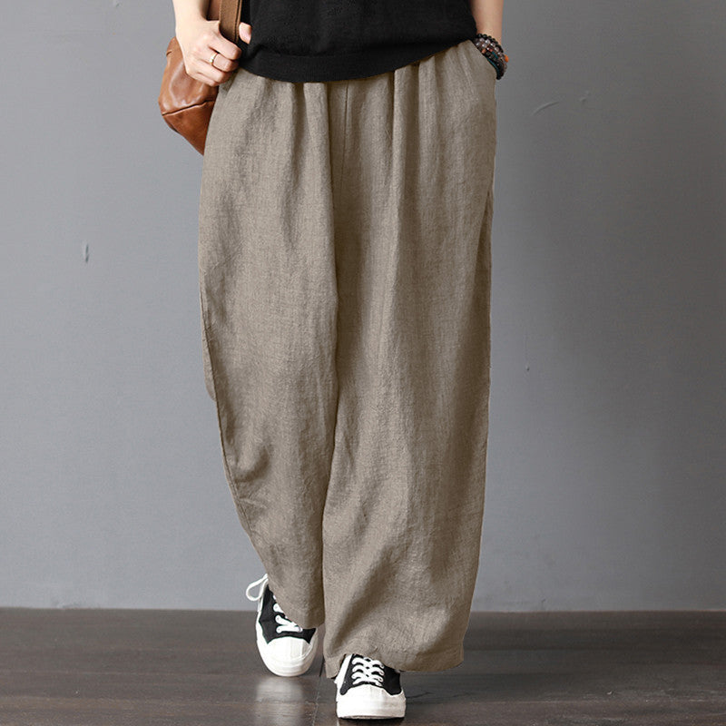 Tan Cotton Linen Wide Leg Loose Fitting Trousers Plus Sizes Travel wear, summer and spring clothing