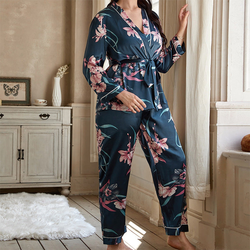 Teal Blue Pink Floral Print Satin Long Sleeve Tie Wrap Top with Soft Full-Length Trousers, Women's pajamas, Ladies pajama, Women's loungewear, Ladies sleepwear