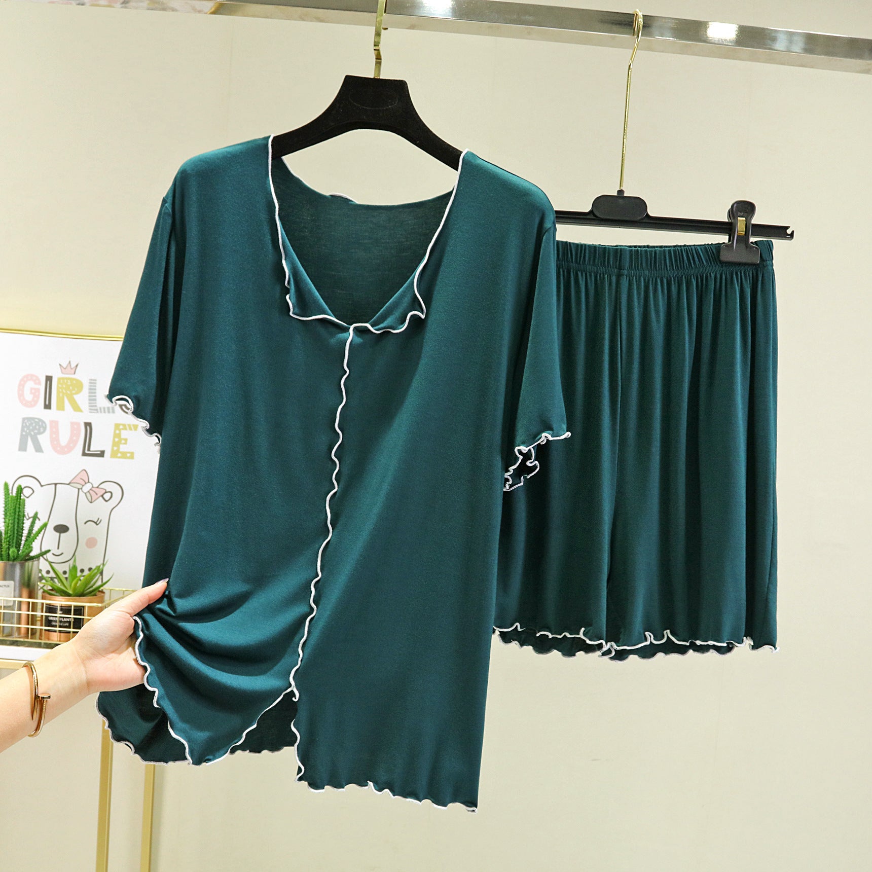 Dark Green Modal Fabric Shorts Pajama Set , Ladies Pajamas, Sleepwear, Loungewear