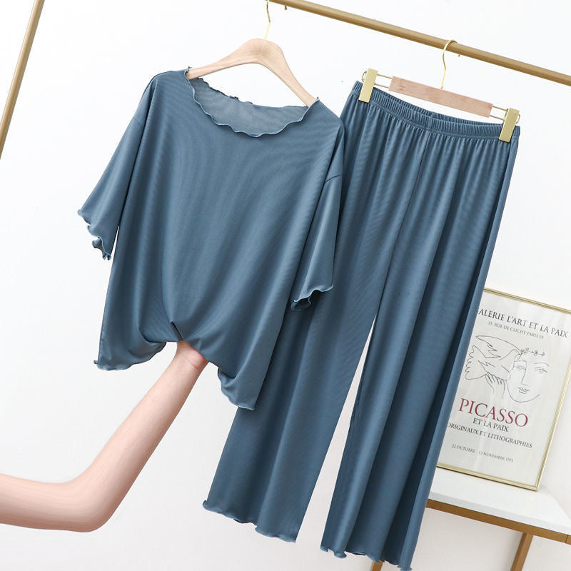 Sky Blue Short Sleeve Modal Fabric Pajama Set Top and Trousers with Elastic Waist, Women's Pajamas, Ladies Pajamas, Modal Sleepwear, Loungewear