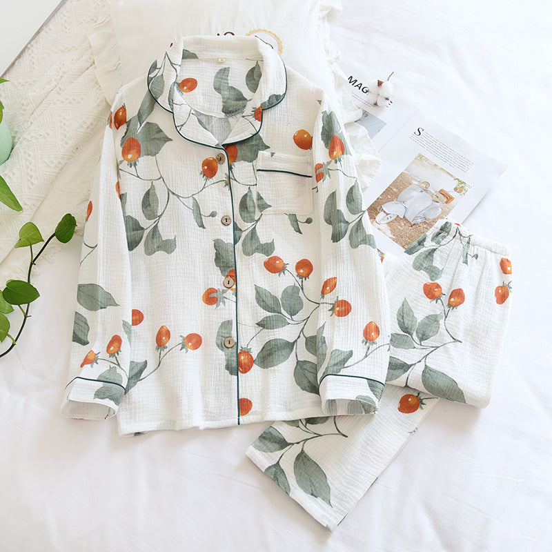 White Cotton Gauze Tomato Print Long Sleeve Button Up Shirt Elastic Waist Trousers