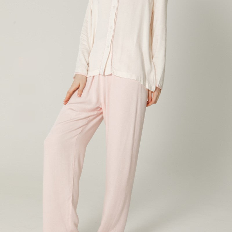Pink and White, Classic Viscose Pajama Button-Down Top, Long-Sleeves, v-neck, long loose fit trousers with elastic Waist, women's pajamas, ladies pajamas, soft fabric pajamas, classic pajamas, sleepwear, loungewear
