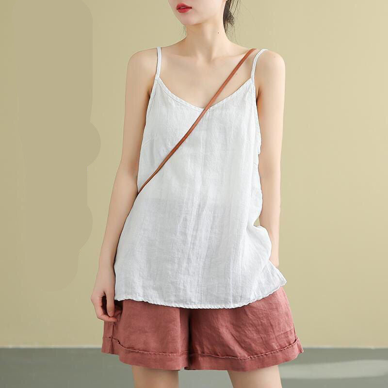 White, Women's, Ladies, Cotton, Linen, Sleeveless, Spaghetti Strap, Long Top, Long Blouse