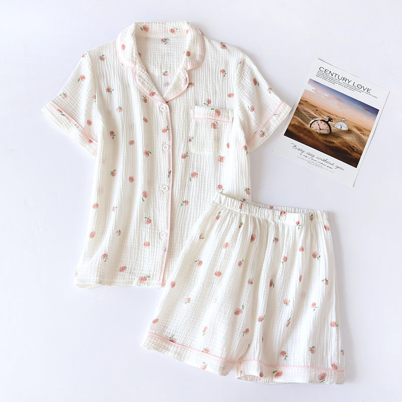 White Spring and Summer Cotton Gauze short and button up soft cool pajama set with sweet peach printed on fabric, Women's Cotton Pajamas, Ladies Cotton Pajamas, Sleepwear, Cotton Shorts and Top Sleepwear, Pajamas