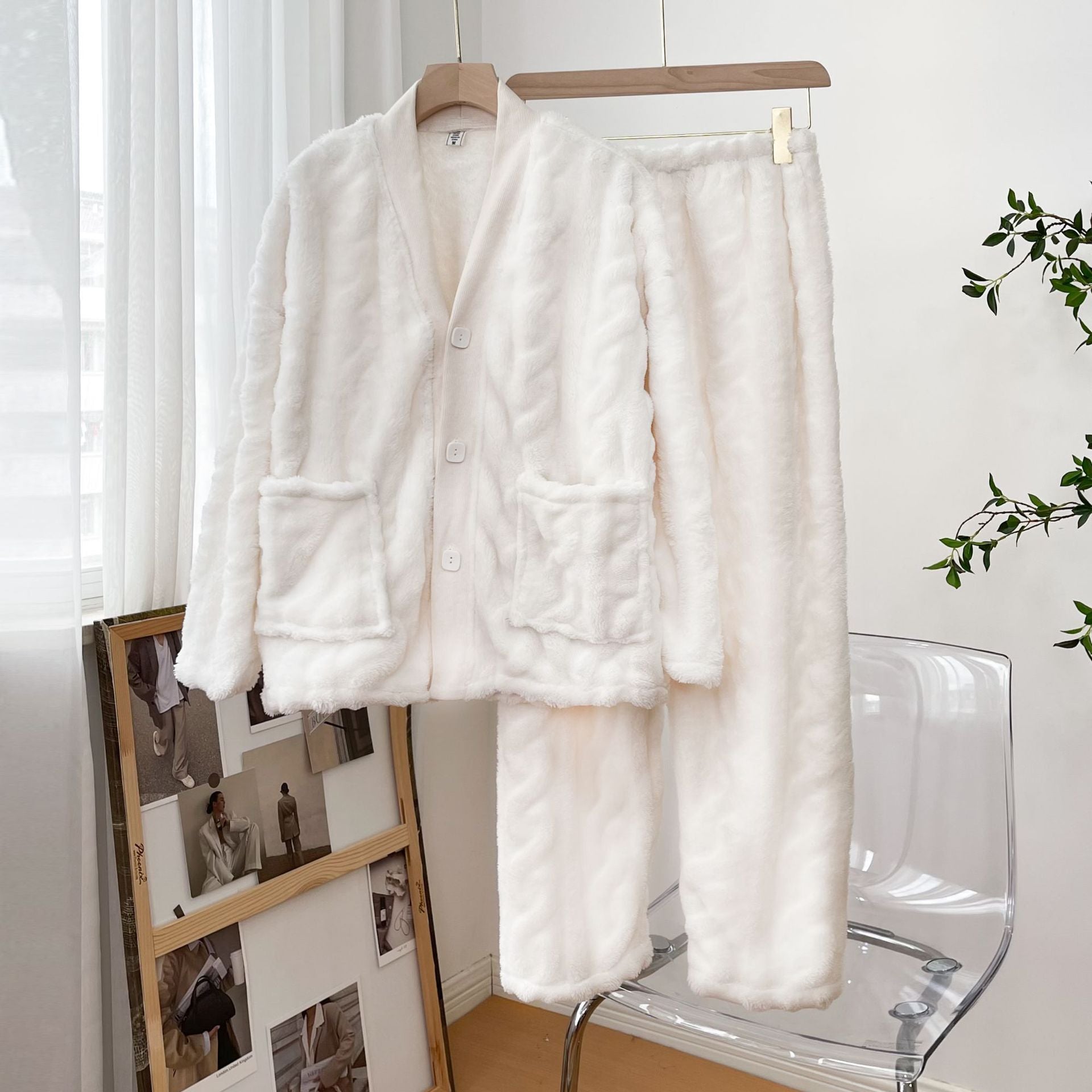 White warm thick plush fleece button down sweater and trousers pajamas set, women's pajamas, winter pajamas, women's loungewear, ladies pajamas, ladies loungewear