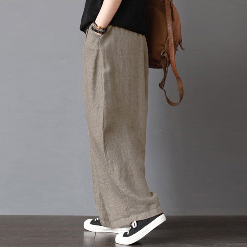 Tan Cotton Linen Wide Leg Loose Fitting Trousers Plus Sizes Travel wear, summer and spring clothing
