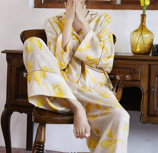 Silk Golden Abstract Flower Print Pajama Set, Faux Silk, Soft Classic Pajama Set, Women's sleepwear, Women's Pajamas, Gold and Cream colored floral pajamas