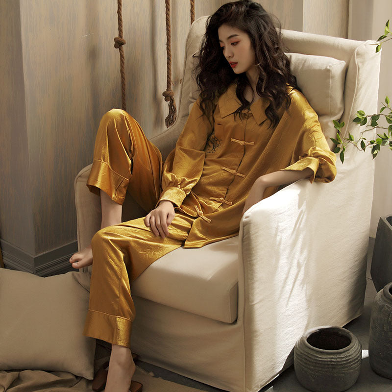Golden, Gold, Asian Style, Women's, Pajamas, Long Sleeve, Button Down Top, Mid Length, Elastic Waist Loose Trousers, Many sizes, plus sizes available, Women's Pajamas, Ladies Pajamas, Sleepwear