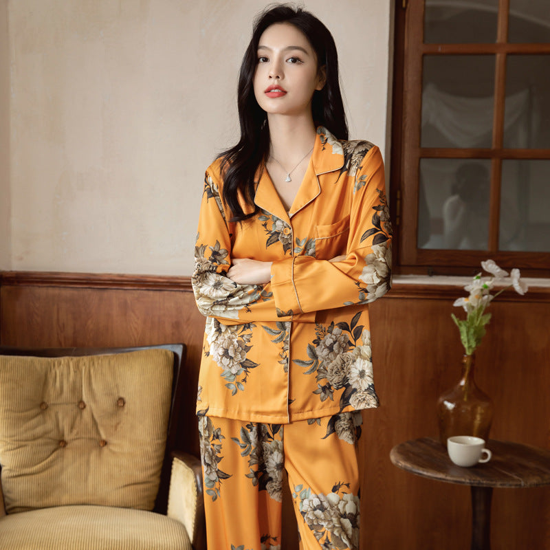 Iced Satin Pajamas, Orange, Brown and Beige Flowers, Button-Down Long-Sleeve Top, Loose Fit Elastic Waist Trousers Comfortable Beautiful Pajamas, Ladies and Women's Pajamas, Loungewear, Sleepwear, Plus Size