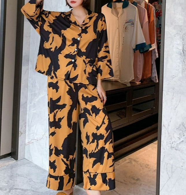 Black and Amber Polyester Faux Silk Pajama Set Button Down Top Long Sleeves with Elastic Waist Trousers, Women's Pajamas, Ladies Pajamas, Stylish Pajamas, Asian Pajamas , Silk Pajamas