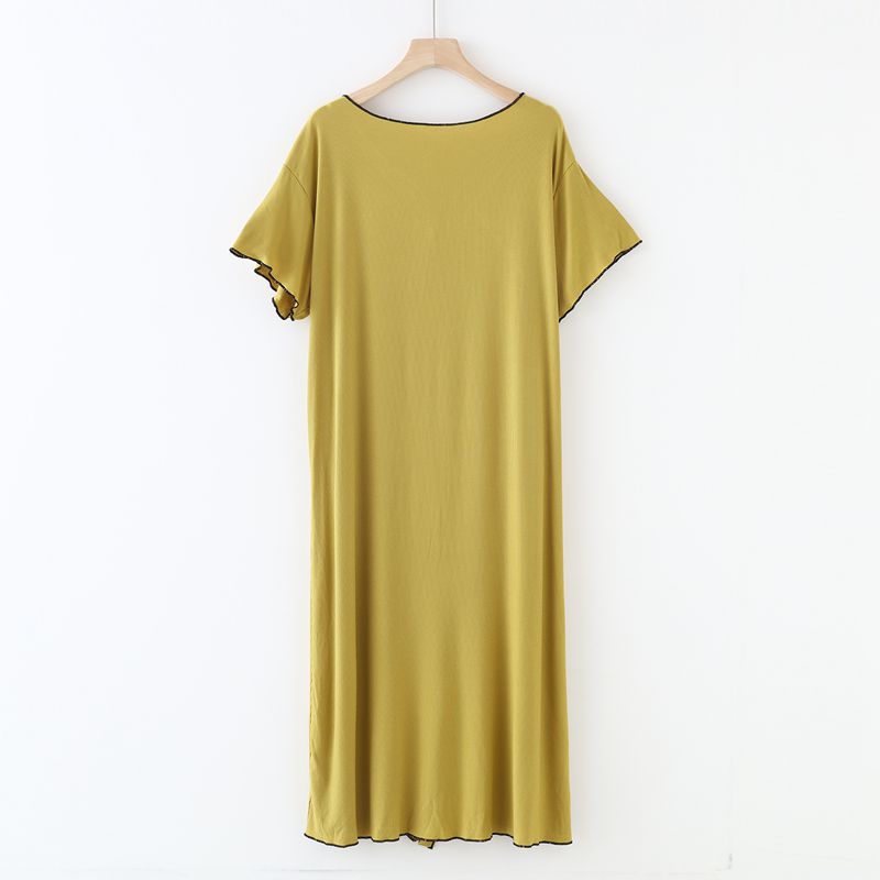 Yellow Modal Fabric Button Down Scoop Neck Short Sleeve Long Length Nightgown, Women's Nightgown, Ladies Night dress, Women's House Dress