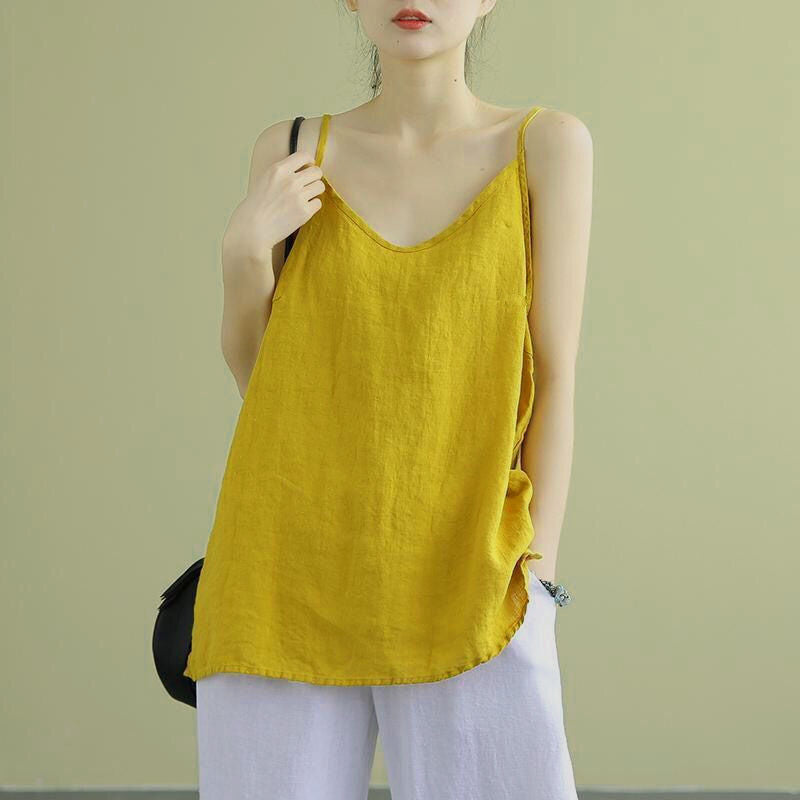 Yellow, Gold, Women's, Ladies, Cotton, Linen, Sleeveless, Spaghetti Strap, Long Top, Long Blouse