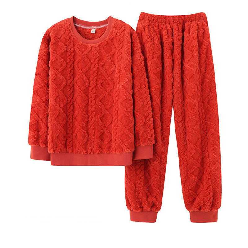 Bright Red, Thick Plush Fleece Jacquard Two Piece Loungewear Top and Trousers, Winter loungewear, cozy pajamas, Women's Warm Fleece, Ladies Cozy Loungewear, Casual Classic Winter Warm Wear