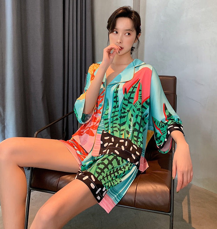Faux Silk Ocean Sea Kelp and Coral Printed Bright Colored Shorts and Summer Pajama Top Set , Women's Pajamas, Ladies Pajamas, Casual Short and Top Pajamas, Summer Pajamas, Sleepwear, Loungewear