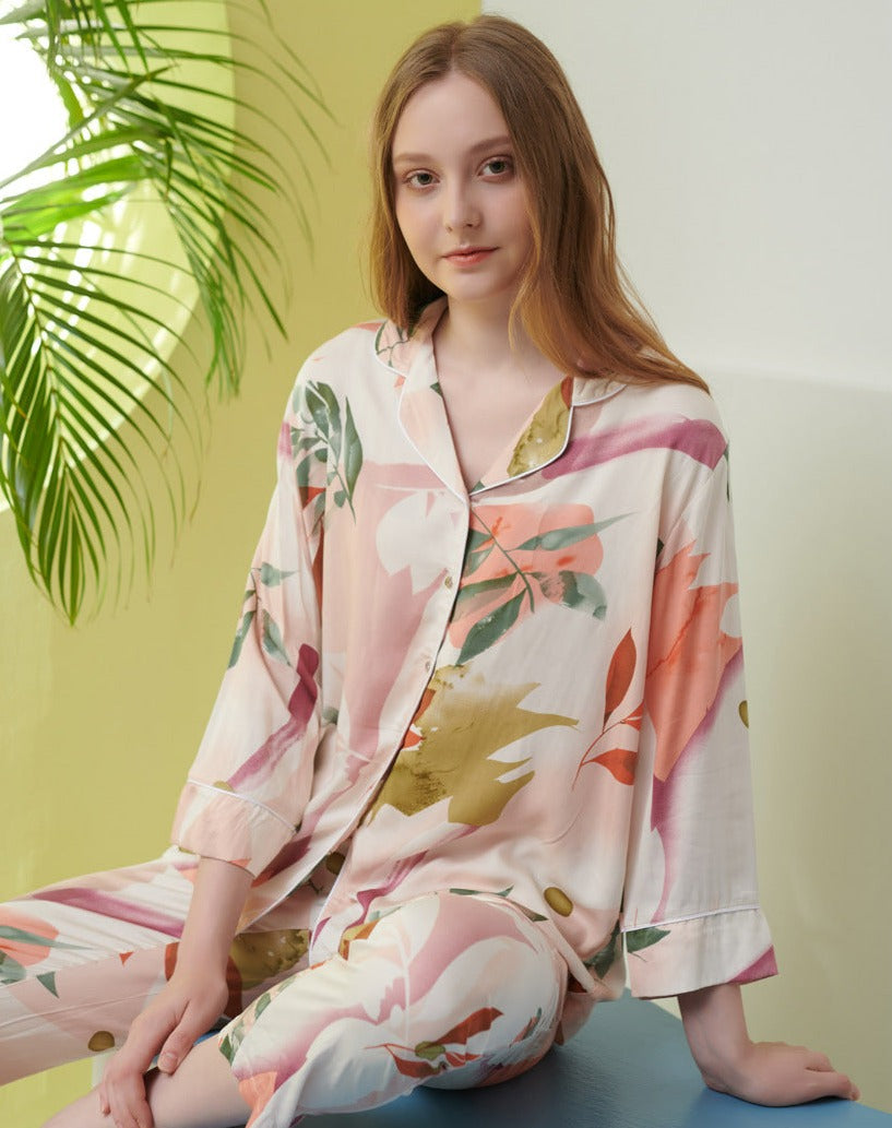 Natural Painted Brush Leaf Pattern, classic pajama set, button-down top with long sleeves and lapel collar, elastic waist trousers, summer pajamas, multi-color, orange, green, gold, rust, women's pajamas, ladies Pajamas, sleepwear, casual sleepwear