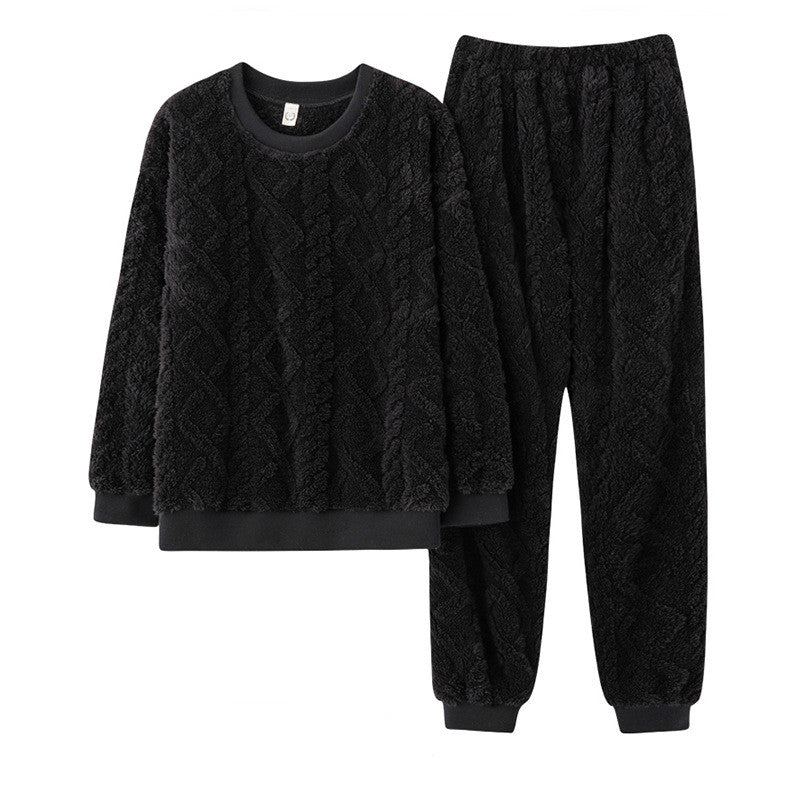 Black, Thick Plush Fleece Jacquard Two Piece Loungewear Top and Trousers, Winter loungewear, cozy pajamas, Women's Warm Fleece, Ladies Cozy Loungewear, Casual Classic Winter Warm Wear