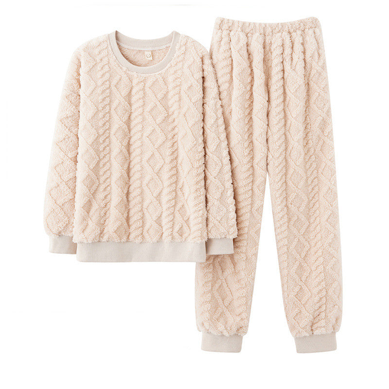 Cream, white, Thick Plush Fleece Jacquard Two Piece Loungewear Top and Trousers, Winter loungewear, cozy pajamas, Women's Warm Fleece, Ladies Cozy Loungewear, Casual Classic Winter Warm Wear