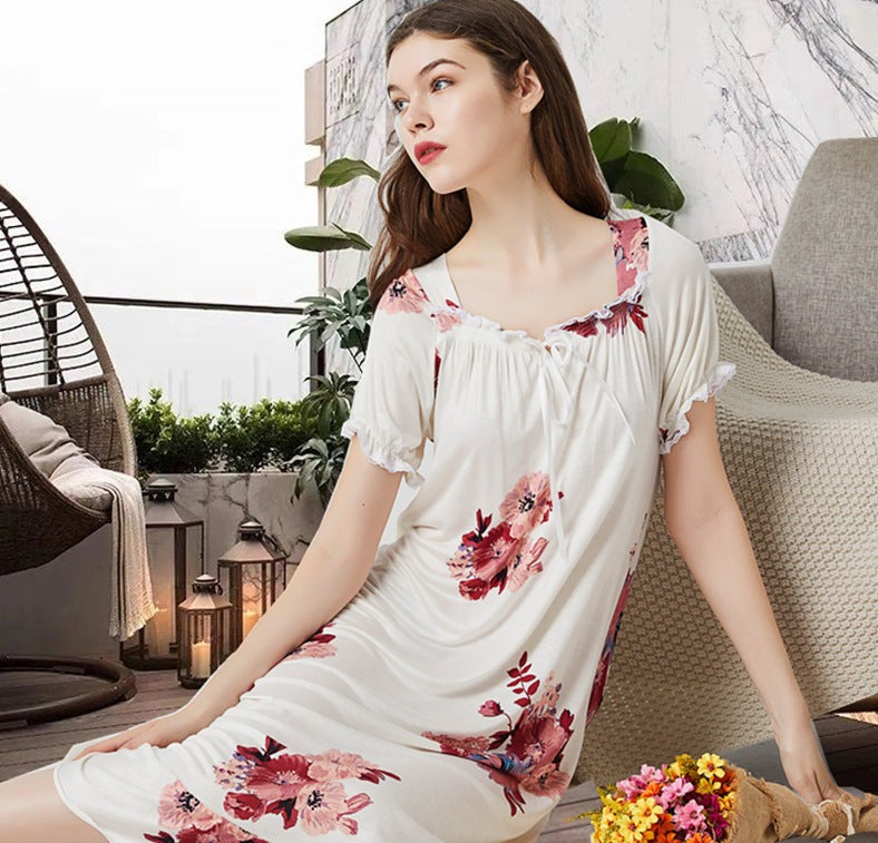 Modal Fabric Short Sleeve Long Length Scoop Neck Night Gown White with Bouquet of Flower Print, Women's Nightgown, Ladies Night dress, Women's House Dress