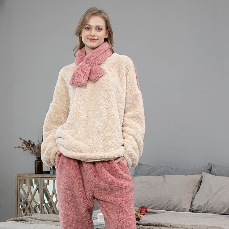 Soft Pink and Cream Plush Winter Fleece Long Sleeve Top and Elastic Waist Trousers with Soft Scarf Plus Size, Women's Pajamas, Ladies Sleepwear, Winter Pajamas, Winter Loungewear, Warm Plush Fleece