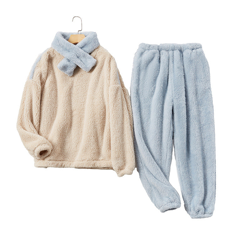 Baby Blue and Cream Plush Winter Fleece Long Sleeve Top and Elastic Waist Trousers with Soft Scarf Plus Size, Women's Pajamas, Ladies Sleepwear, Winter Pajamas, Winter Loungewear, Warm Plush Fleece