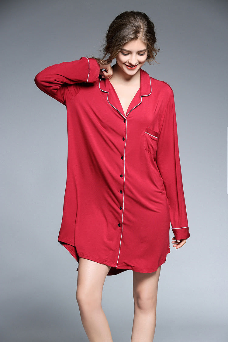 Red Modal Fabric Thigh-Length Button up Long Sleeve, Ladies Night Shirt, Women's Nightgown, Loungewear, Sleepwear