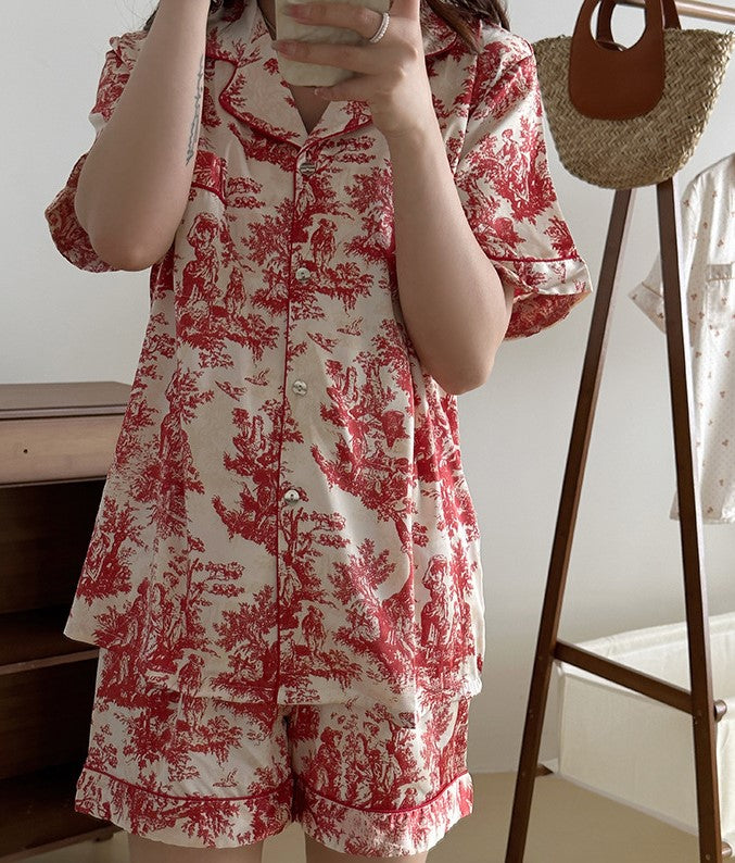 Red and White Toile printed shorts, button down shirt pajama set. Women's pajamas, Ladies Pajamas, Ladies Short and Shirt Toile Pajamas, Loungewear, Sleepwear