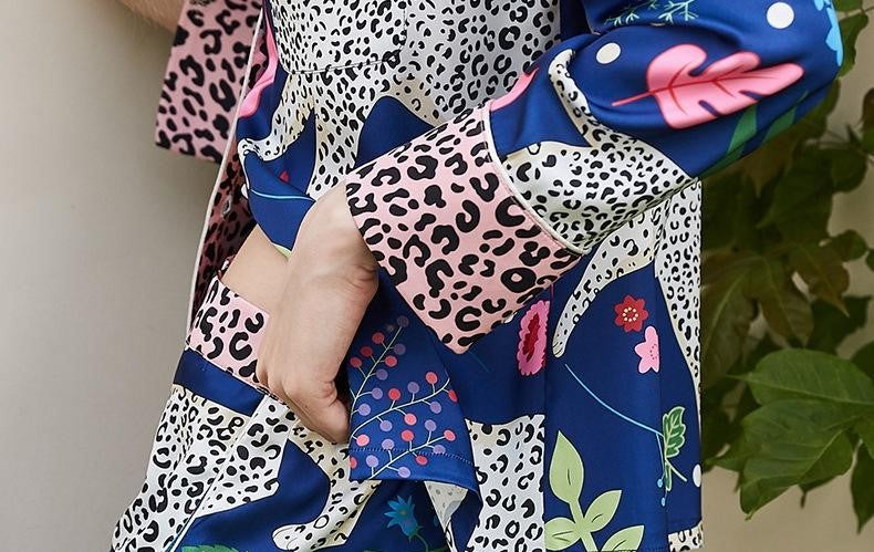 Royal Blue Classic Stylish Pajamas with flowers, leaves, and Leopards, and leopard print, Women's Pajamas, Ladies Pajamas, Loungewear, Sleepwear, Fun and Colorful, Pajama with button down with Long Sleeve Top, long-sleeve and lose fit drawstring trousers, iced sateen, satin finish