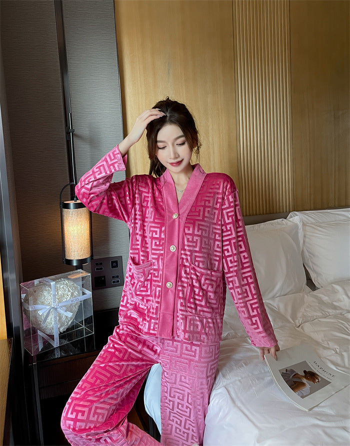 Soft Rose, Velveteen Women's pajamas, Soft, Velvet, Geometric design, Cardigan style button down long sleeve, v-neck top, soft style elastic waist trousers, luxurious, classy, stylish, comfortable, for year round wear.