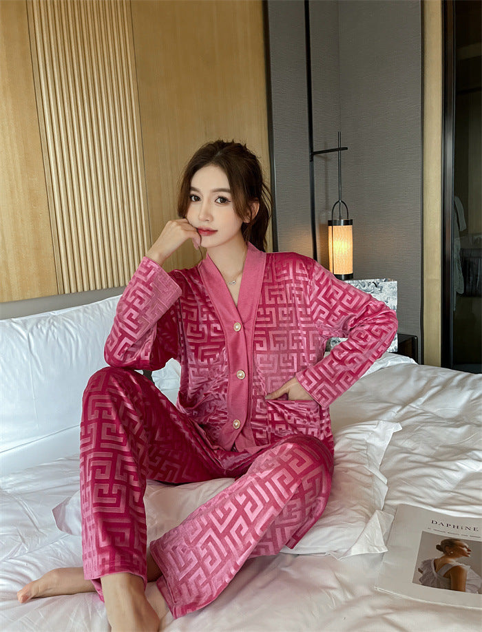 Soft Rose, Velveteen Women's pajamas, Soft, Velvet, Geometric design, Cardigan style button down long sleeve, v-neck top, soft style elastic waist trousers, luxurious, classy, stylish, comfortable, for year round wear.