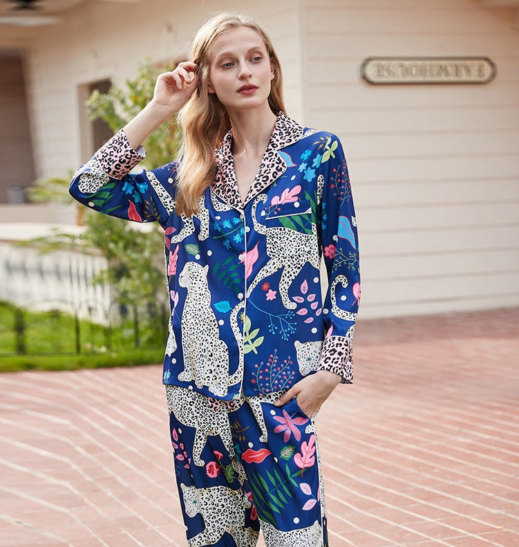 Royal Blue Classic Stylish Pajamas with flowers, leaves, and Leopards, and leopard print, Women's Pajamas, Ladies Pajamas, Loungewear, Sleepwear, Fun and Colorful, Pajama with button down with Long Sleeve Top, long-sleeve and lose fit drawstring trousers, iced sateen, satin finish