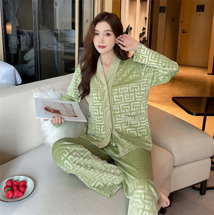 Soft Green, Velveteen Women's pajamas, Soft, Velvet, Geometric design, Cardigan style button down long sleeve, v-neck top, soft style elastic waist trousers, luxurious, classy, stylish, comfortable, for year round wear.