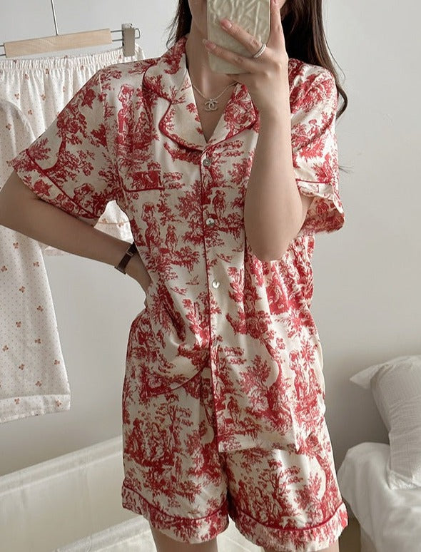 Red and White Toile printed shorts, button down shirt pajama set. Women's pajamas, Ladies Pajamas, Ladies Short and Shirt Toile Pajamas, Loungewear, Sleepwear