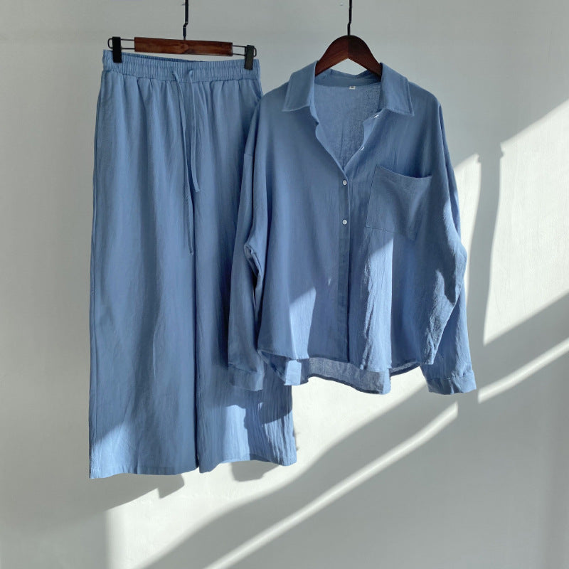 Blue  Cotton Linen Button-Down Shirt with Long Sleeves and Loose Fit Trousers with Elastic Waist , Women's Summer Clothes, Ladies Loungewear, Casual Summer Clothes