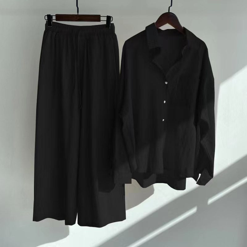 Black  Cotton Linen Button-Down Shirt with Long Sleeves and Loose Fit Trousers with Elastic Waist , Women's Summer Clothes, Ladies Loungewear, Casual Summer Clothes