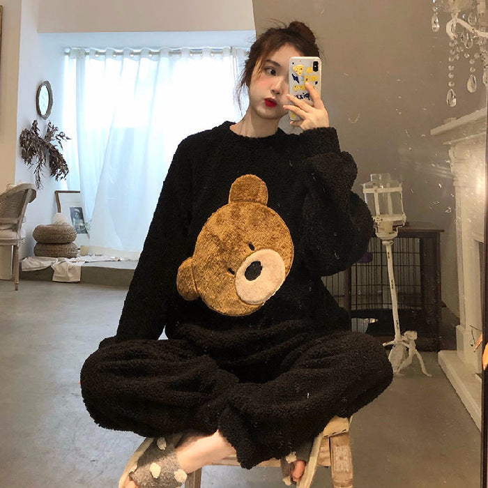 Black Plush Fleece, warm women's lounge wear, with a cute Teddy Bear Face.