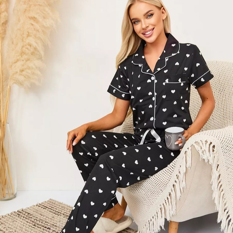 Black with White Heart, Women's Pajamas, Button-Down, Short Sleeve, Lapel Collared Blouse, Elastic Waist Trousers, Ladies Pajamas