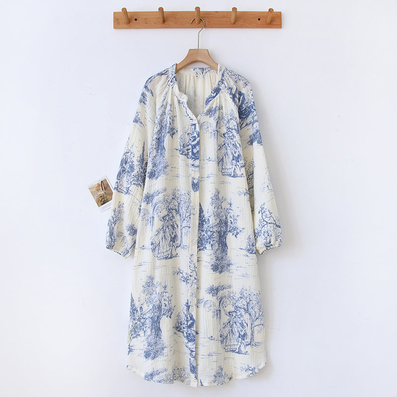 Cotton, Toile, Printed, Nightdress, Nightgown, Long Sleeve, Button Down 