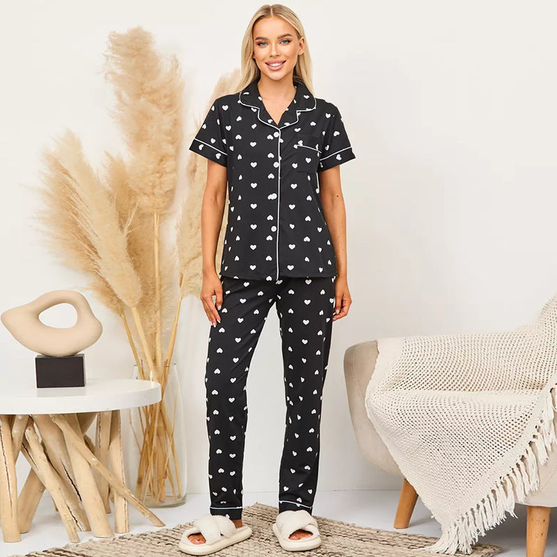 Black with White Heart, Women's Pajamas, Button-Down, Short Sleeve, Lapel Collared Blouse, Elastic Waist Trousers, Ladies Pajamas