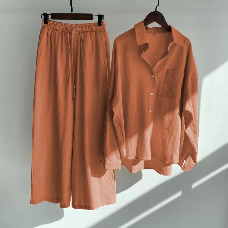 Copper Rust Orange  Cotton Linen Button-Down Shirt with Long Sleeves and Loose Fit Trousers with Elastic Waist , Women's Summer Clothes, Ladies Loungewear, Casual Summer Clothes