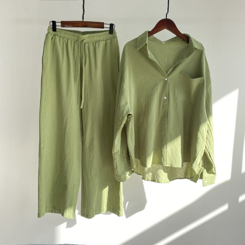 Green Cotton Linen Button-Down Shirt with Long Sleeves and Loose Fit Trousers with Elastic Waist , Women's Summer Clothes, Ladies Loungewear, Casual Summer Clothes