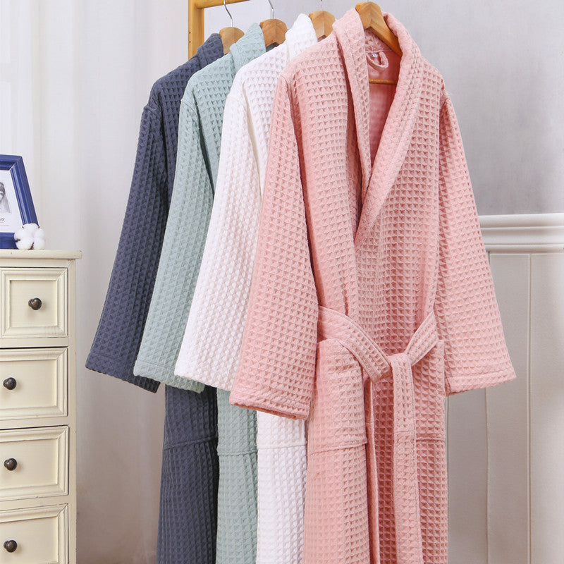 Soft 100% Cotton Waffle Patterned Long Women's Robe, Pink, White, Green, Grey, women's robed long-sleeve, belt, warm, women's loungewear, sleepwear, house dress