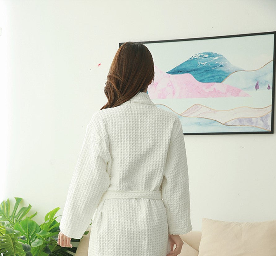 Soft 100% Cotton Waffle Patterned Long Women's Robe, Pink, White, Green, Grey, women's robed long-sleeve, belt, warm, women's loungewear, sleepwear, house dress