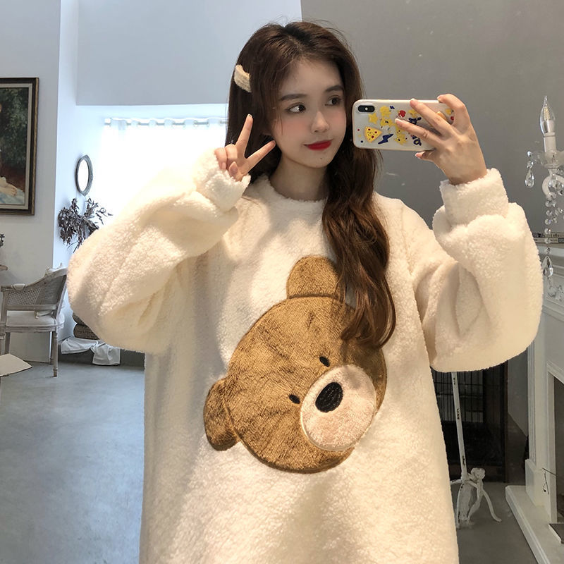 Cream Fleece Plush Fleece, warm women's lounge wear, with a cute Teddy Bear Face.