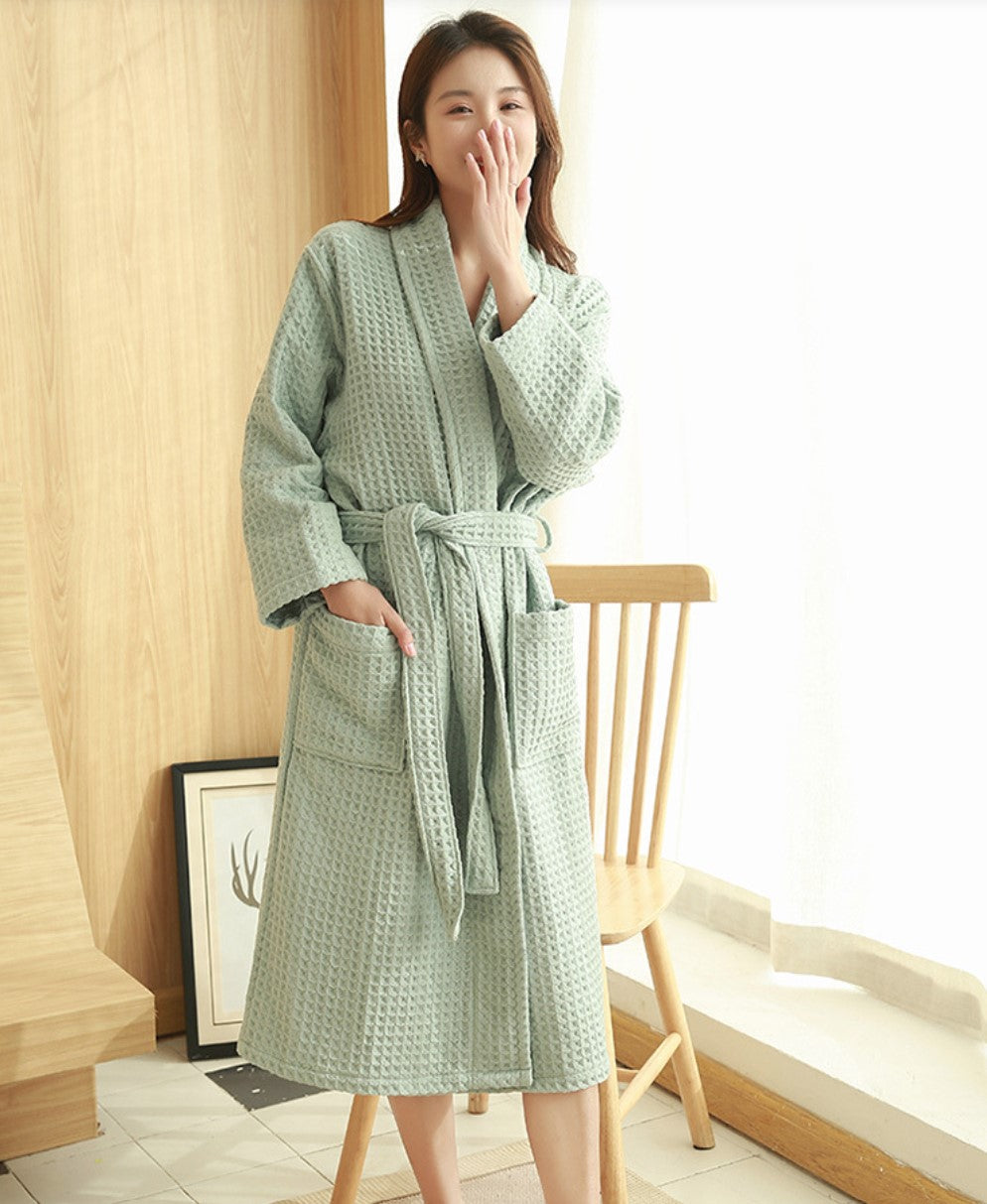 Soft 100% Cotton Waffle Patterned Long Women's Robe, Pink, White, Green, Grey, women's robed long-sleeve, belt, warm, women's loungewear, sleepwear, house dress