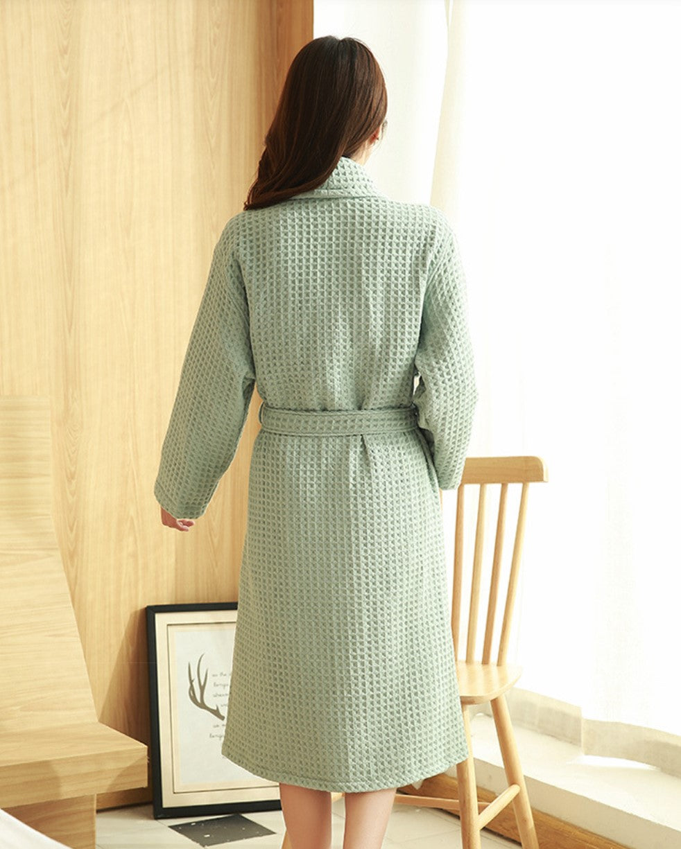 Soft 100% Cotton Waffle Patterned Long Women's Robe, Pink, White, Green, Grey, women's robed long-sleeve, belt, warm, women's loungewear, sleepwear, house dress