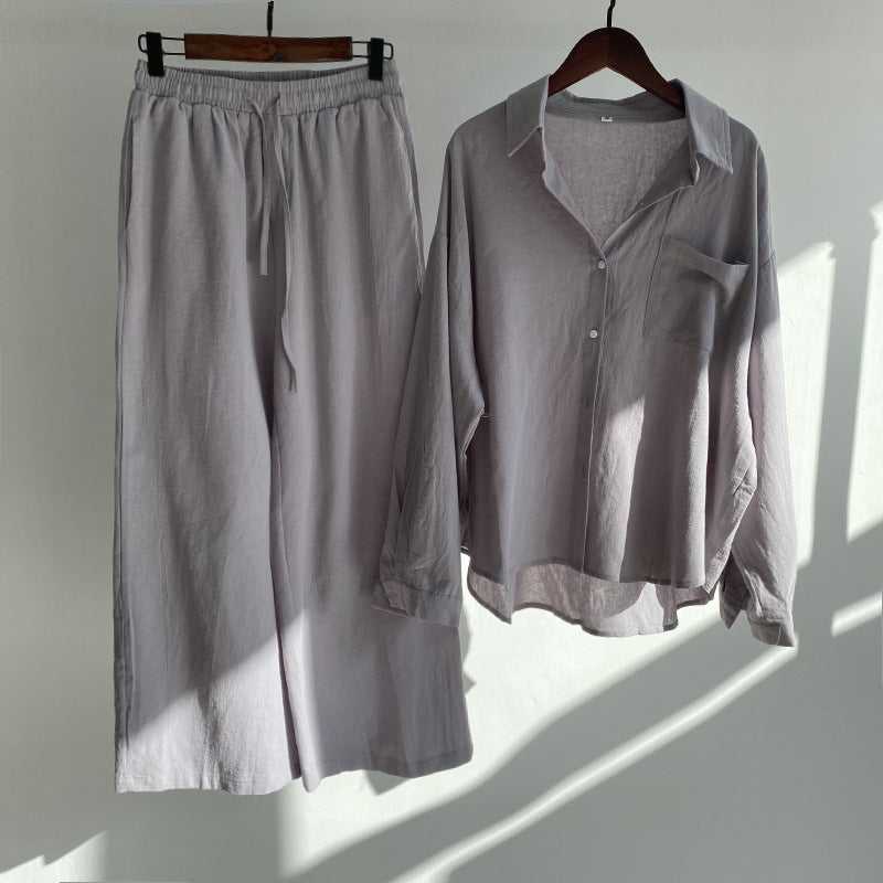 Grey  Cotton Linen Button-Down Shirt with Long Sleeves and Loose Fit Trousers with Elastic Waist , Women's Summer Clothes, Ladies Loungewear, Casual Summer Clothes